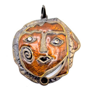VTG Modernist Mixed Metals Face Pendant Gold Tone Textured Boho Cz Eyes unique!